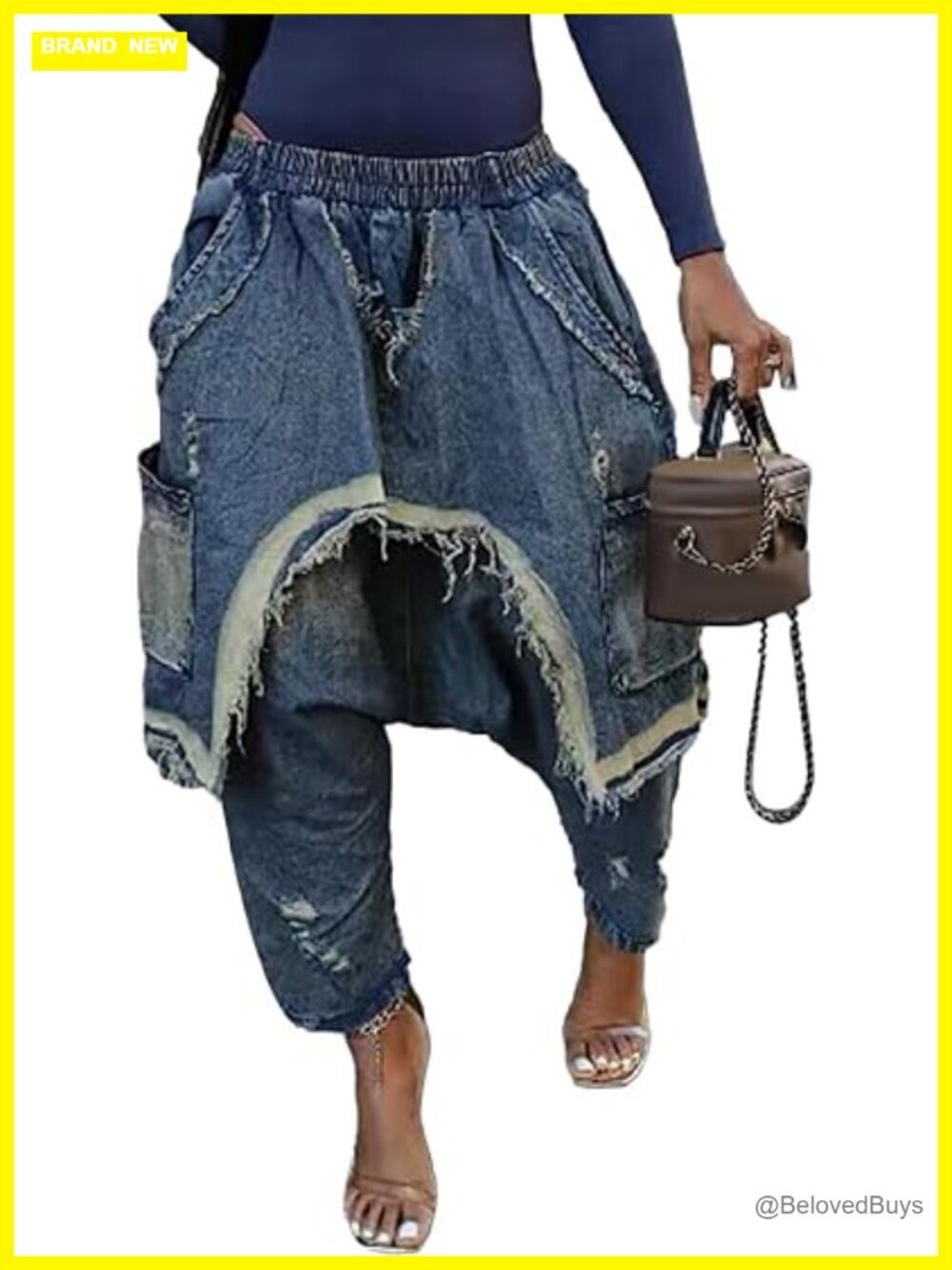 High Rise Baggy Patchwork Denim Harem Pants Frayed Hem Barrel Jeans